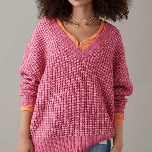AE oversized barbie pink Cozy Waffle V-Neck Sweater oversized XS - Picture 7 of 16